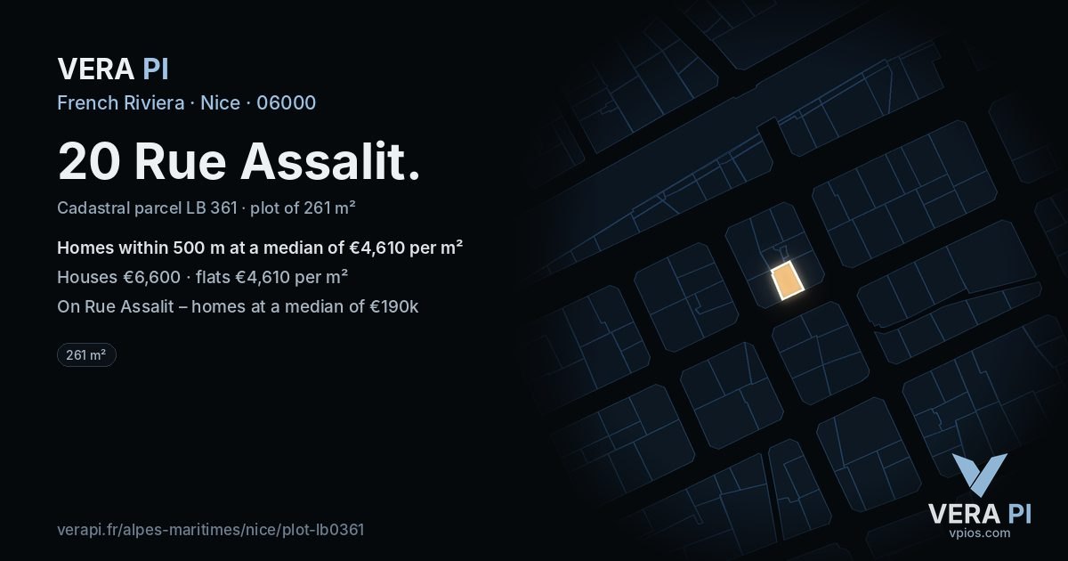 20 Rue Assalit, Nice at night – the plot lit, the parcels around coloured by the prices near them