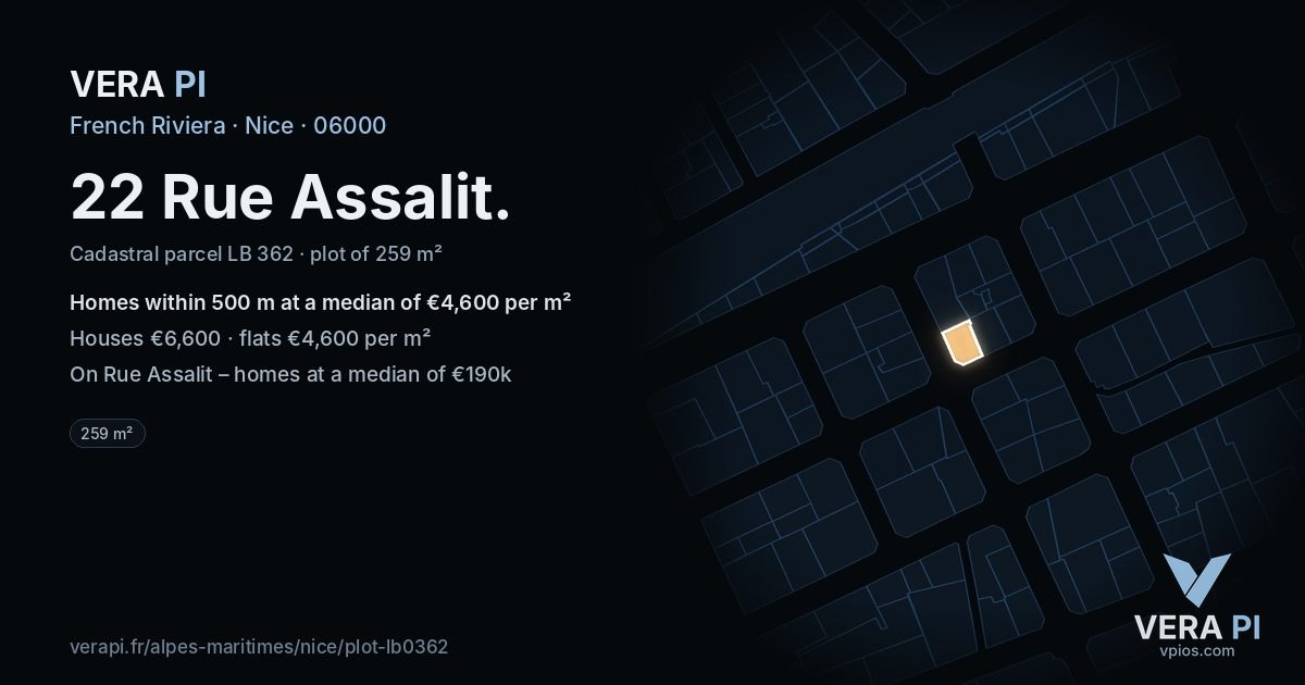 22 Rue Assalit, Nice at night – the plot lit, the parcels around coloured by the prices near them