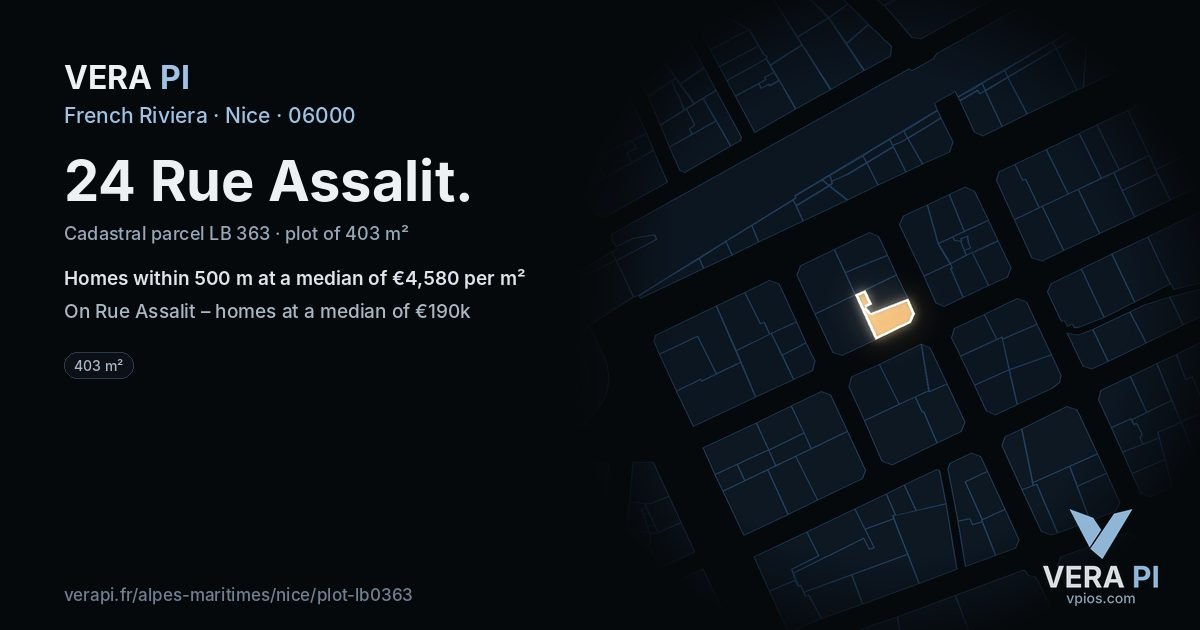 24 Rue Assalit, Nice at night – the plot lit, the parcels around coloured by the prices near them