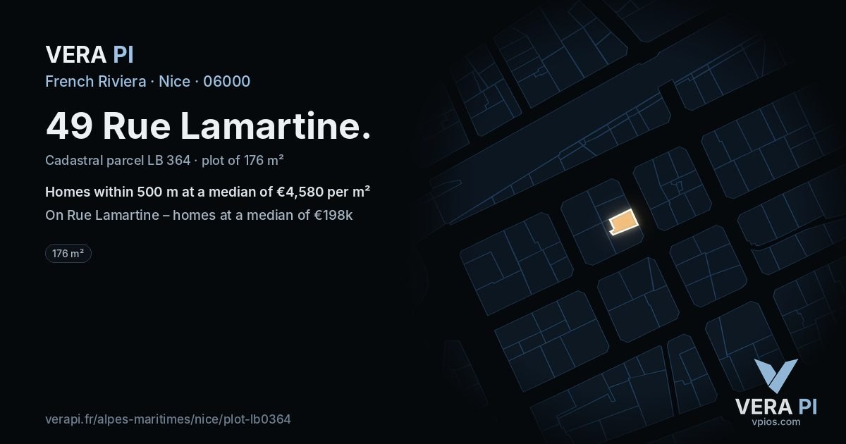 49 Rue Lamartine, Nice at night – the plot lit, the parcels around coloured by the prices near them