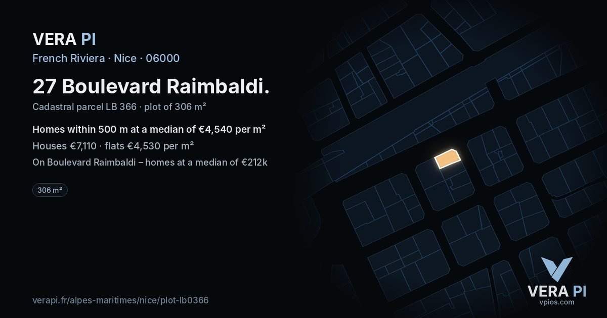 27 Boulevard Raimbaldi, Nice at night – the plot lit, the parcels around coloured by the prices near them