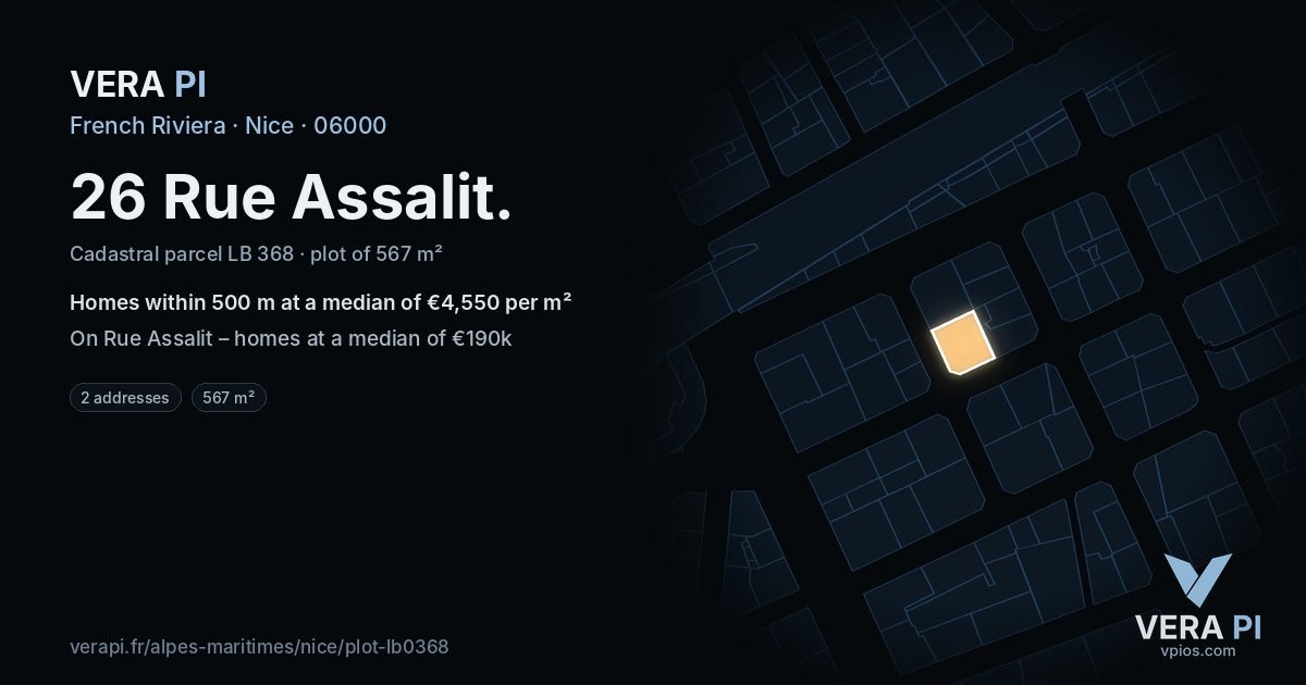 26 Rue Assalit, Nice at night – the plot lit, the parcels around coloured by the prices near them