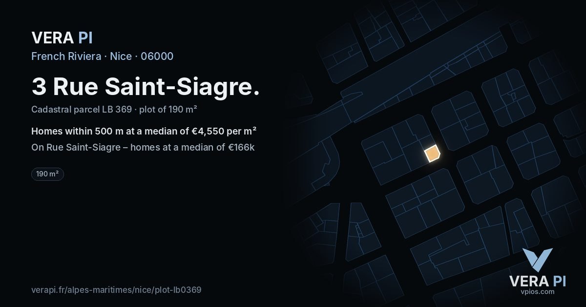 3 Rue Saint-Siagre, Nice at night – the plot lit, the parcels around coloured by the prices near them