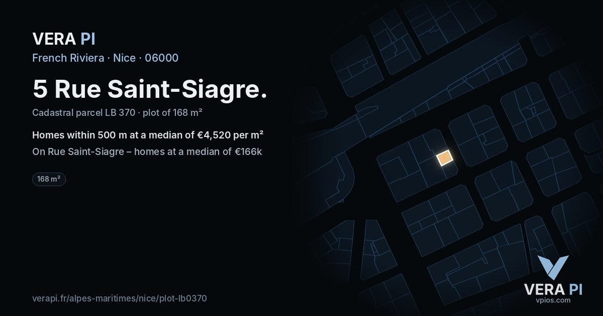 5 Rue Saint-Siagre, Nice at night – the plot lit, the parcels around coloured by the prices near them