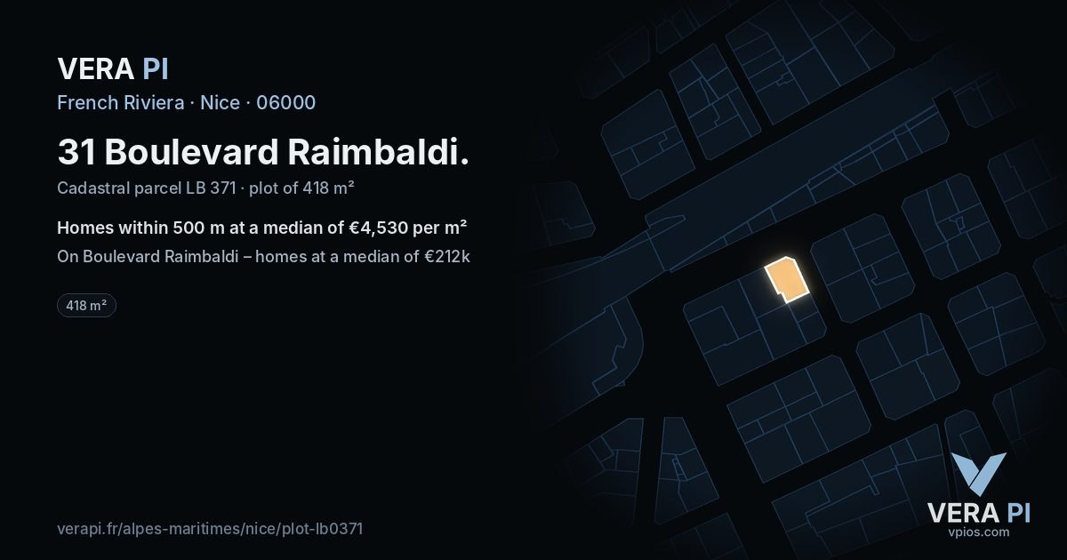 31 Boulevard Raimbaldi, Nice at night – the plot lit, the parcels around coloured by the prices near them