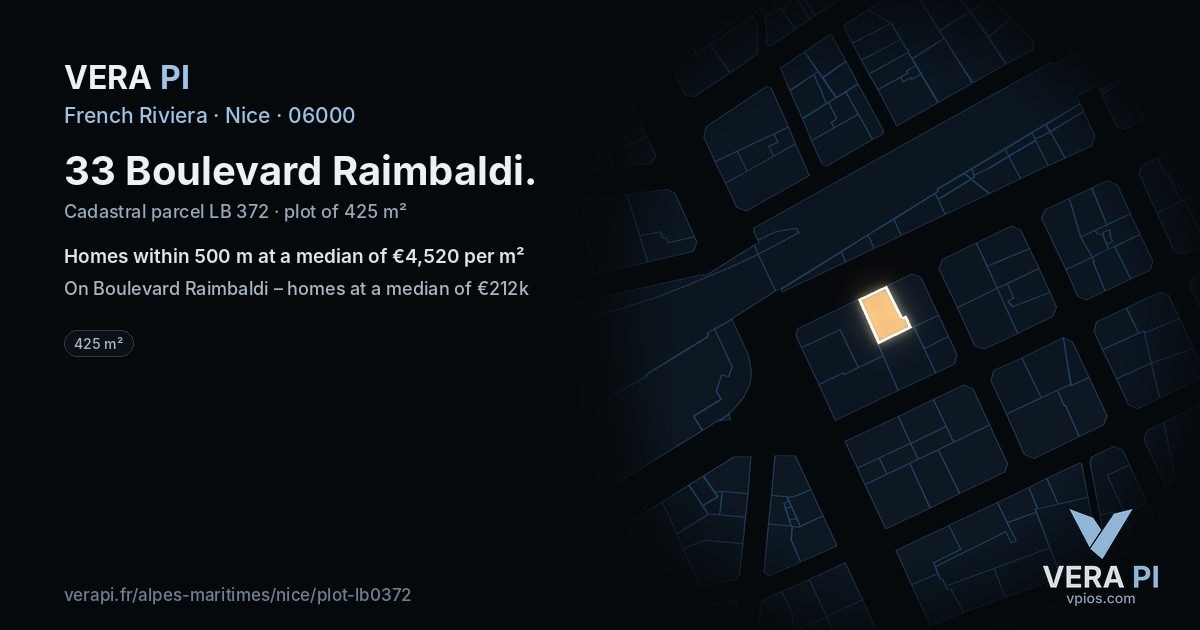 33 Boulevard Raimbaldi, Nice at night – the plot lit, the parcels around coloured by the prices near them