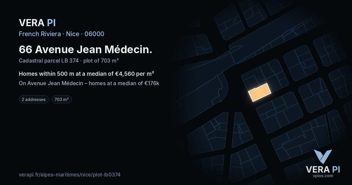 66 Avenue Jean Médecin, Nice at night – the plot lit, the parcels around coloured by the prices near them