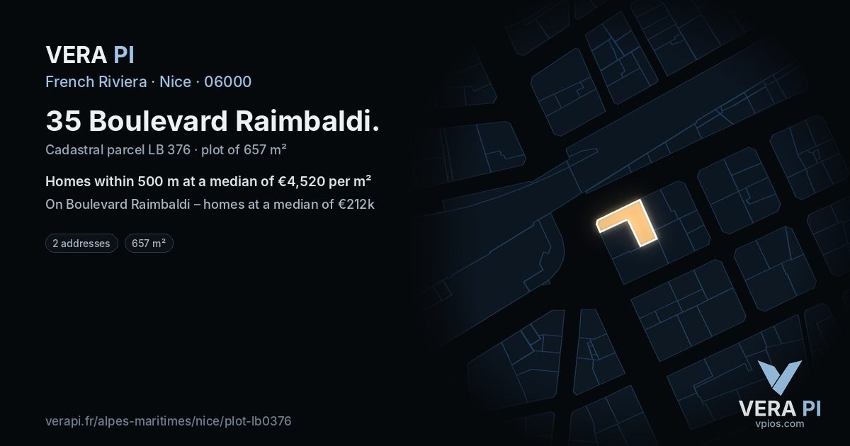 35 Boulevard Raimbaldi, Nice at night – the plot lit, the parcels around coloured by the prices near them