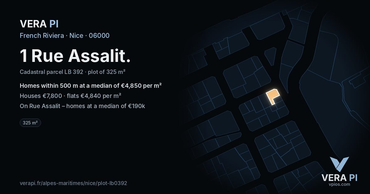 1 Rue Assalit, Nice at night – the plot lit, the parcels around coloured by the prices near them