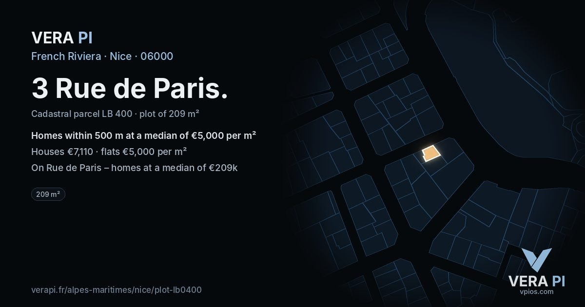 3 Rue de Paris, Nice at night – the plot lit, the parcels around coloured by the prices near them