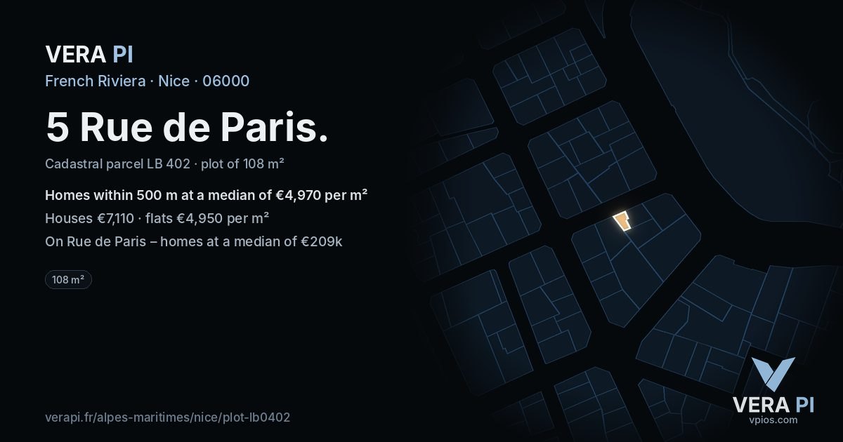 5 Rue de Paris, Nice at night – the plot lit, the parcels around coloured by the prices near them