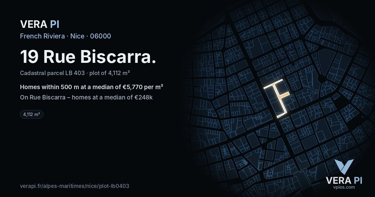 19 Rue Biscarra, Nice at night – the plot lit, the parcels around coloured by the prices near them