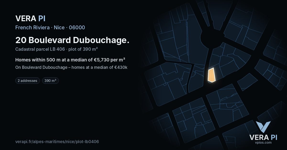 20 Boulevard Dubouchage, Nice at night – the plot lit, the parcels around coloured by the prices near them