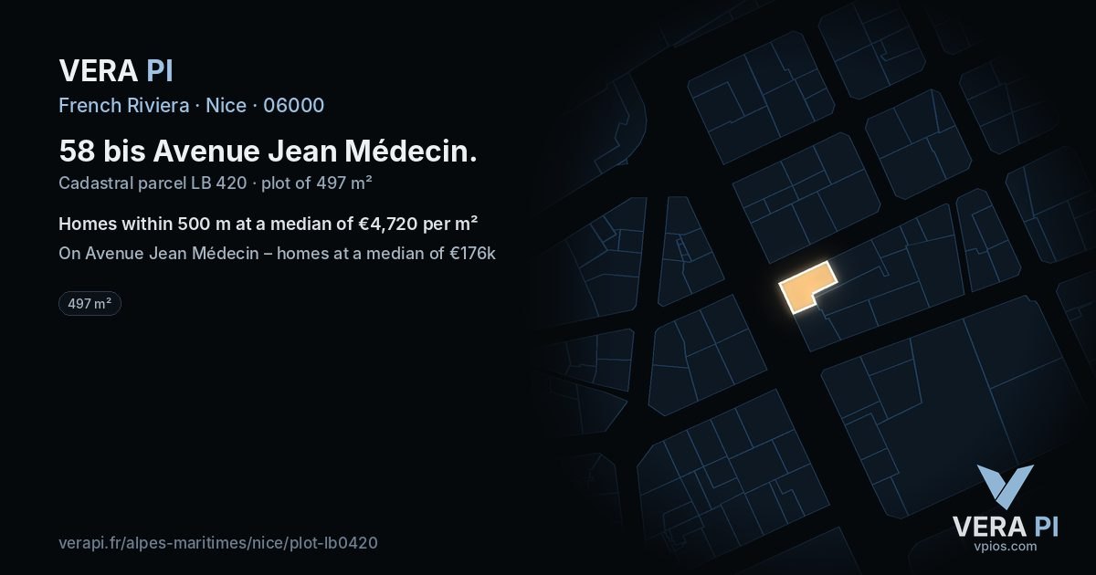 58 bis Avenue Jean Médecin, Nice at night – the plot lit, the parcels around coloured by the prices near them