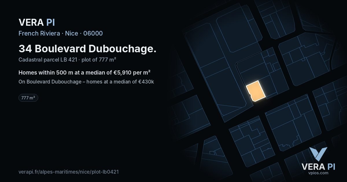 34 Boulevard Dubouchage, Nice at night – the plot lit, the parcels around coloured by the prices near them