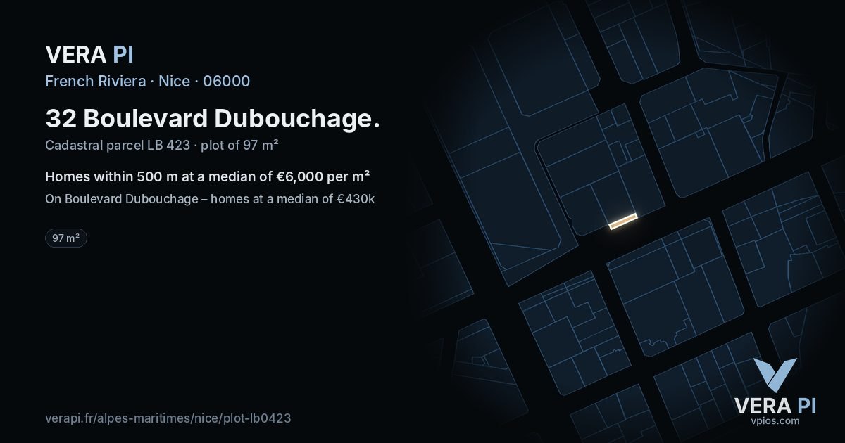 32 Boulevard Dubouchage, Nice at night – the plot lit, the parcels around coloured by the prices near them