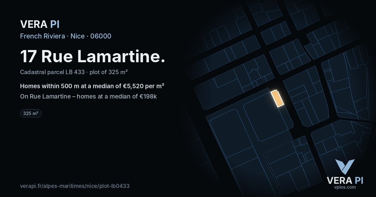 17 Rue Lamartine, Nice at night – the plot lit, the parcels around coloured by the prices near them
