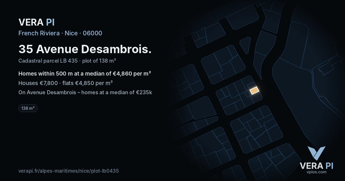 35 Avenue Desambrois, Nice at night – the plot lit, the parcels around coloured by the prices near them