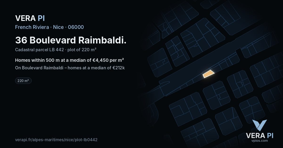 36 Boulevard Raimbaldi, Nice at night – the plot lit, the parcels around coloured by the prices near them