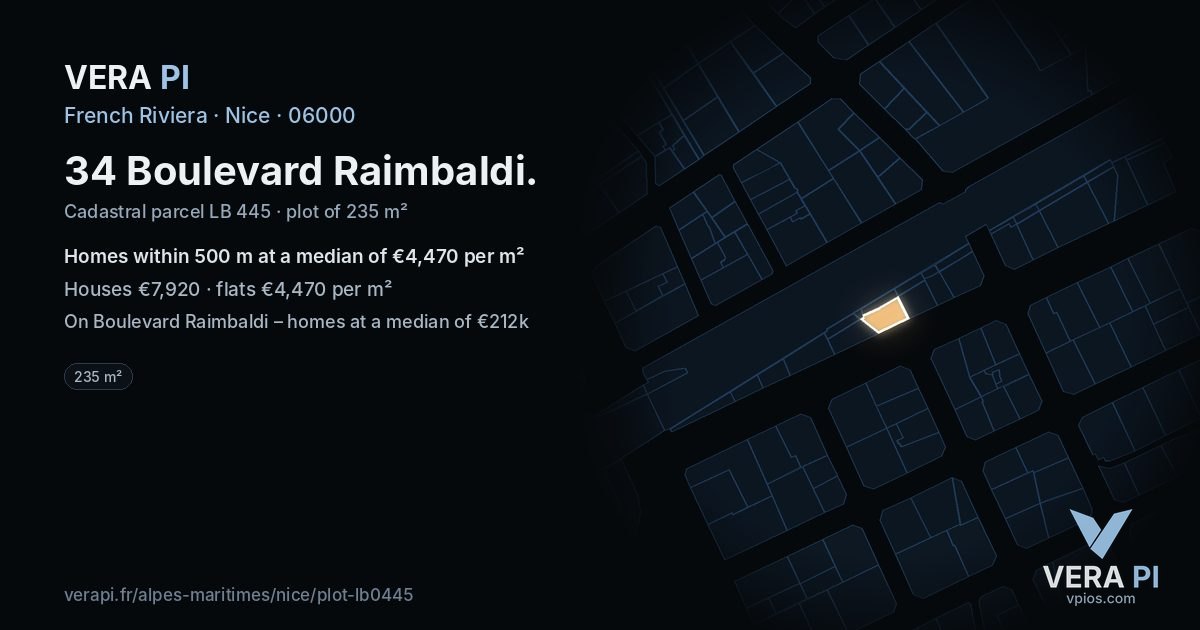 34 Boulevard Raimbaldi, Nice at night – the plot lit, the parcels around coloured by the prices near them