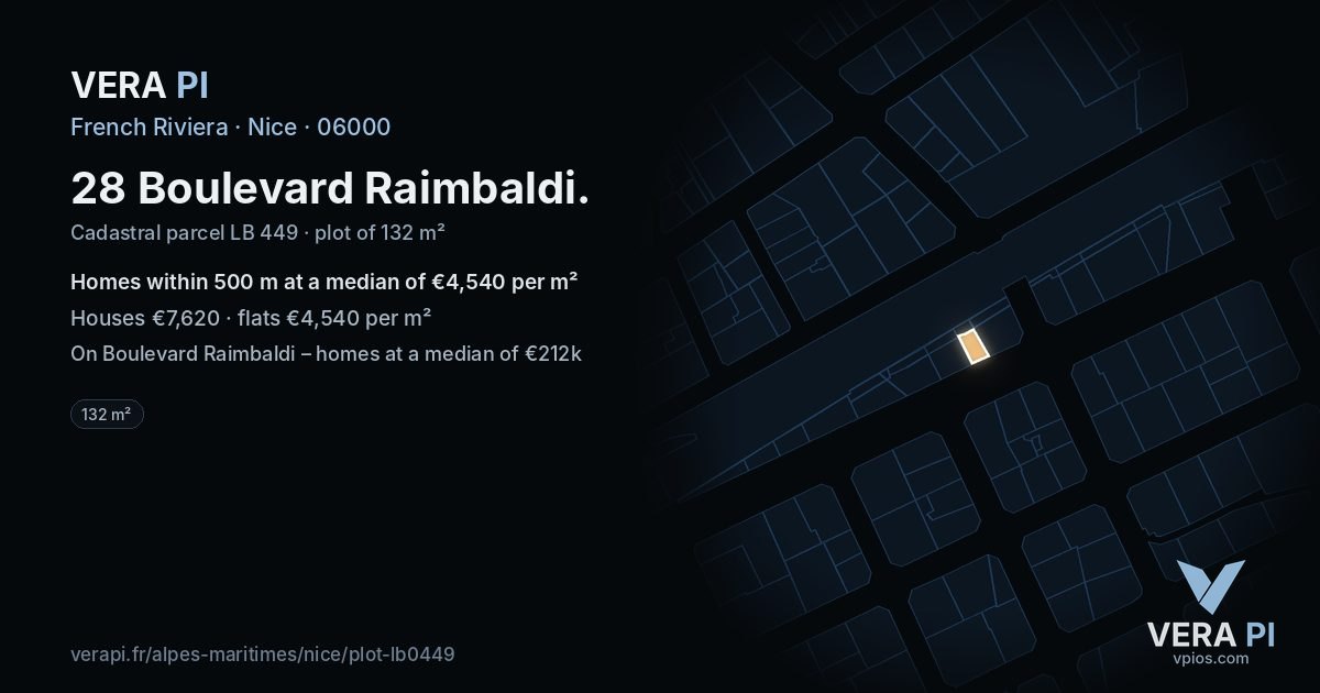28 Boulevard Raimbaldi, Nice at night – the plot lit, the parcels around coloured by the prices near them