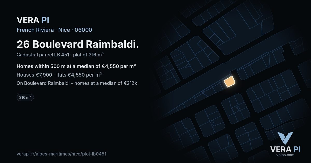 26 Boulevard Raimbaldi, Nice at night – the plot lit, the parcels around coloured by the prices near them