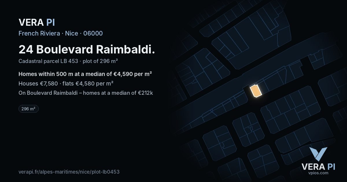 24 Boulevard Raimbaldi, Nice at night – the plot lit, the parcels around coloured by the prices near them