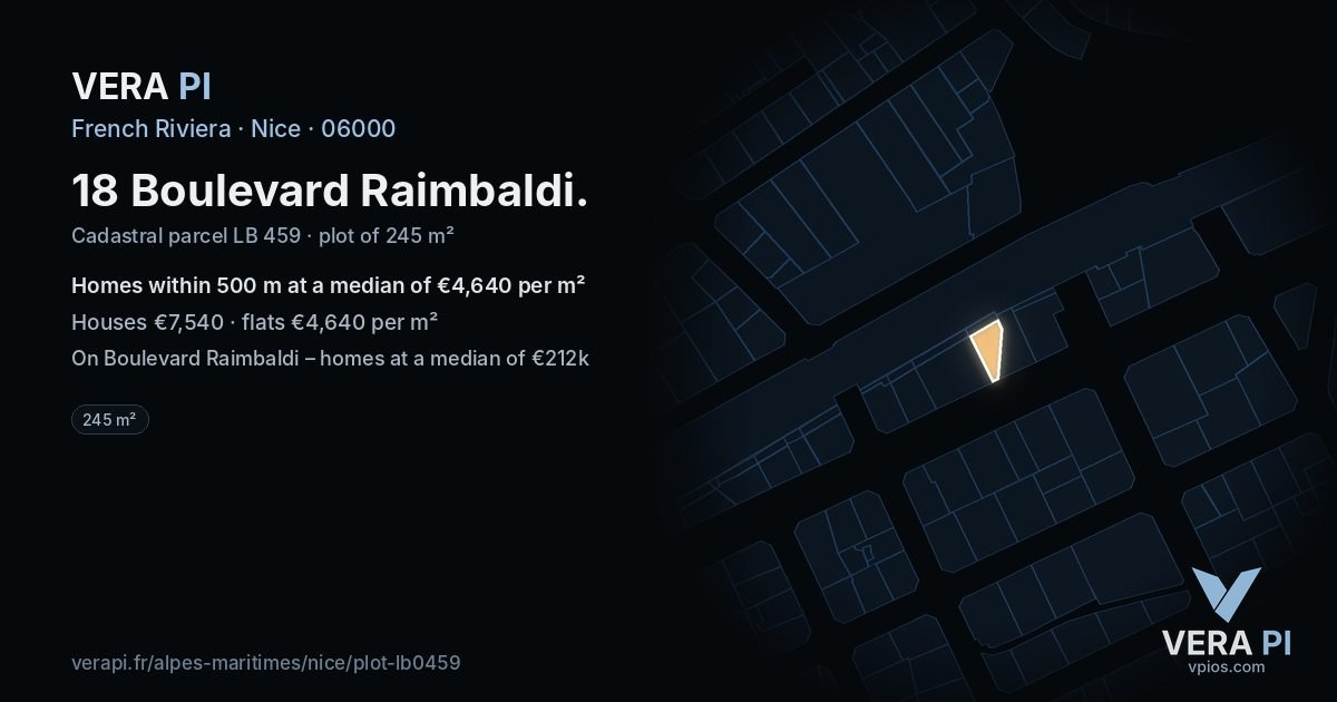 18 Boulevard Raimbaldi, Nice at night – the plot lit, the parcels around coloured by the prices near them