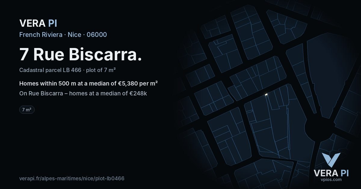 7 Rue Biscarra, Nice at night – the plot lit, the parcels around coloured by the prices near them