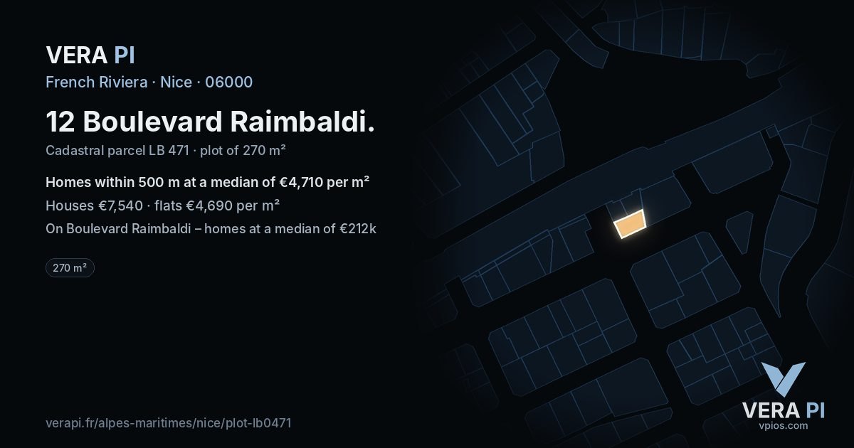 12 Boulevard Raimbaldi, Nice at night – the plot lit, the parcels around coloured by the prices near them