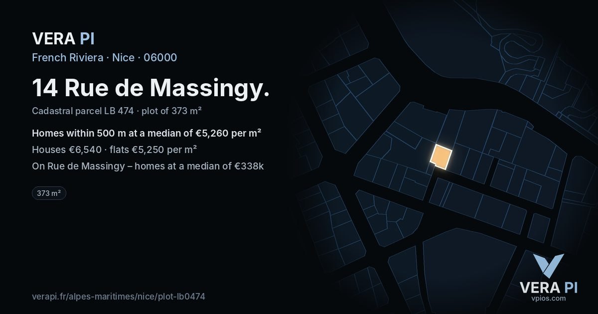 14 Rue de Massingy, Nice at night – the plot lit, the parcels around coloured by the prices near them