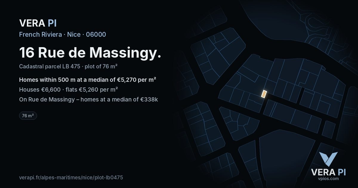16 Rue de Massingy, Nice at night – the plot lit, the parcels around coloured by the prices near them