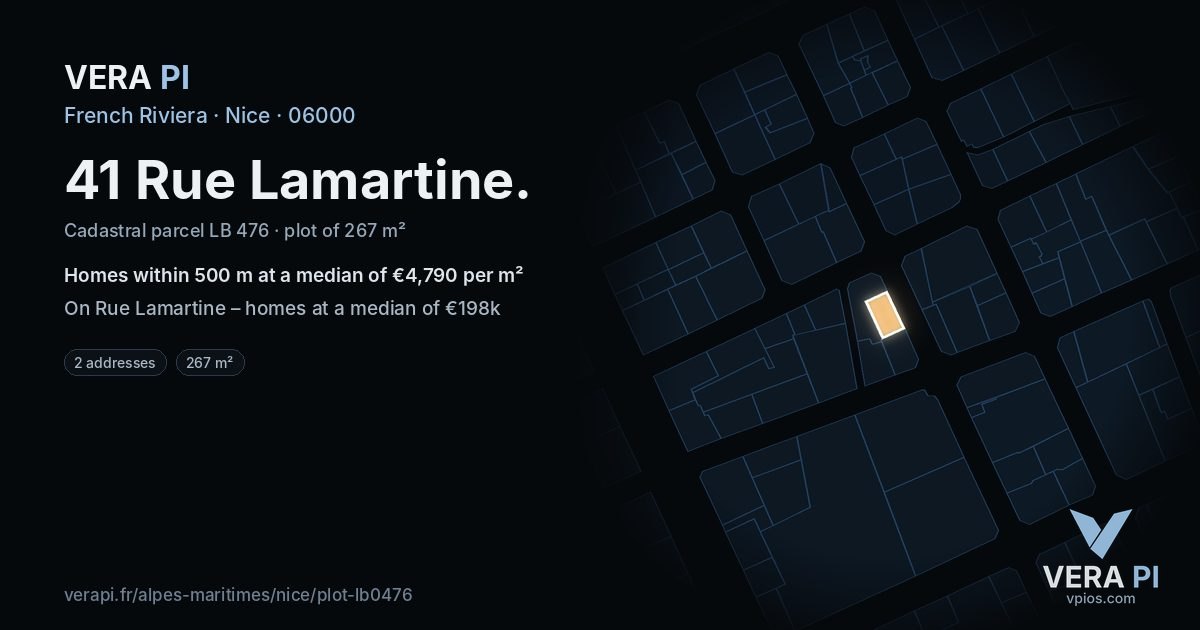 41 Rue Lamartine, Nice at night – the plot lit, the parcels around coloured by the prices near them
