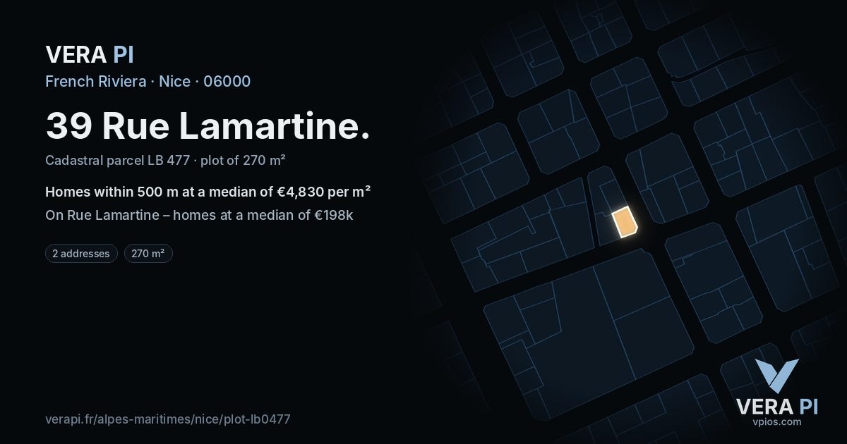 39 Rue Lamartine, Nice at night – the plot lit, the parcels around coloured by the prices near them