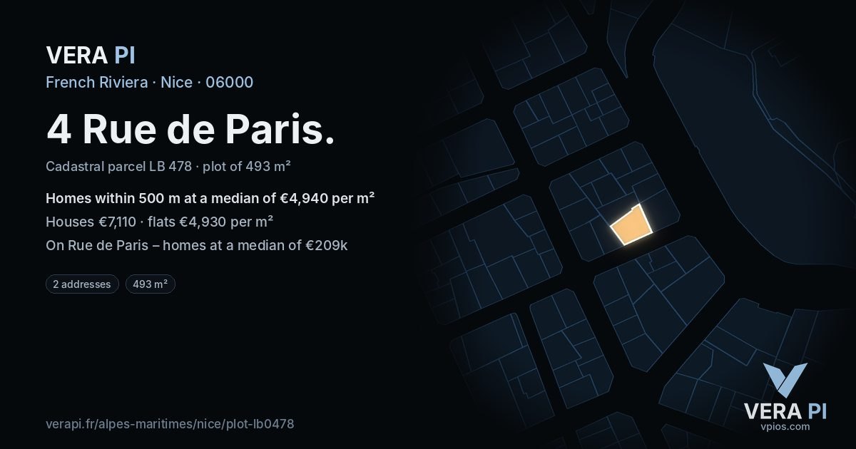 4 Rue de Paris, Nice at night – the plot lit, the parcels around coloured by the prices near them