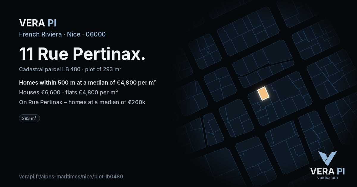 11 Rue Pertinax, Nice at night – the plot lit, the parcels around coloured by the prices near them