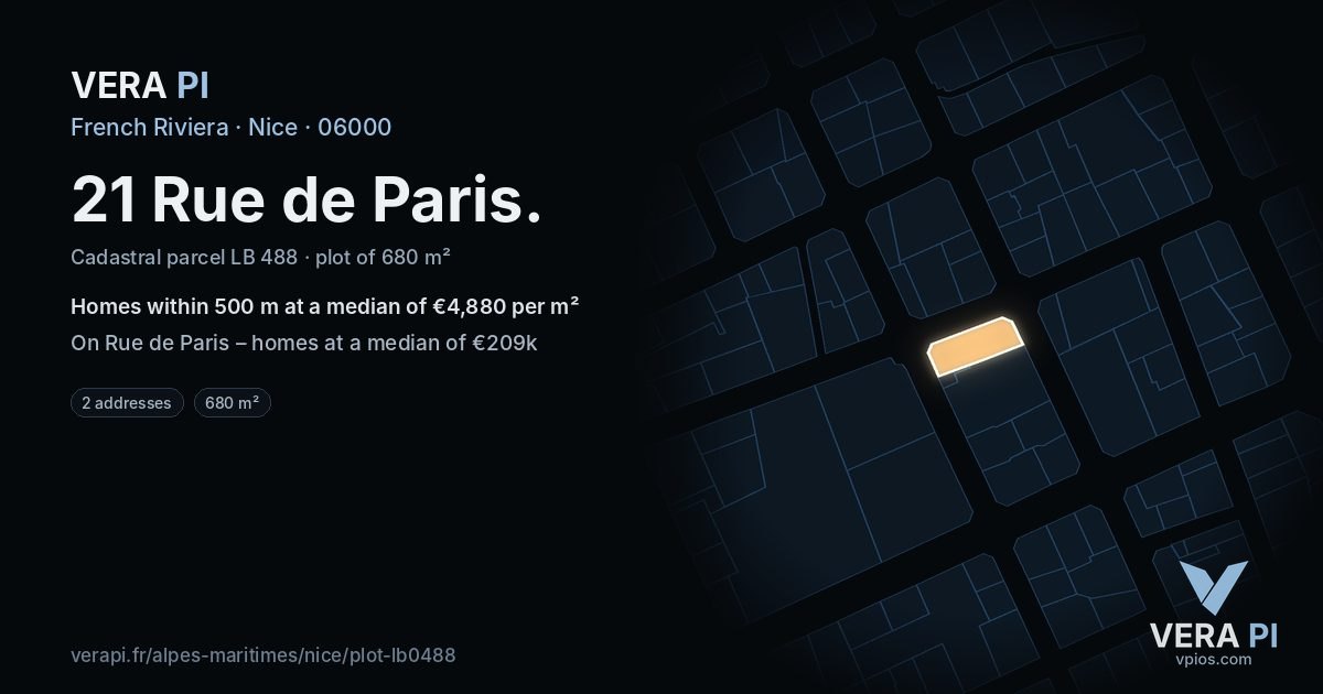 21 Rue de Paris, Nice at night – the plot lit, the parcels around coloured by the prices near them