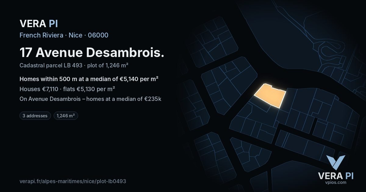 17 Avenue Desambrois, Nice at night – the plot lit, the parcels around coloured by the prices near them