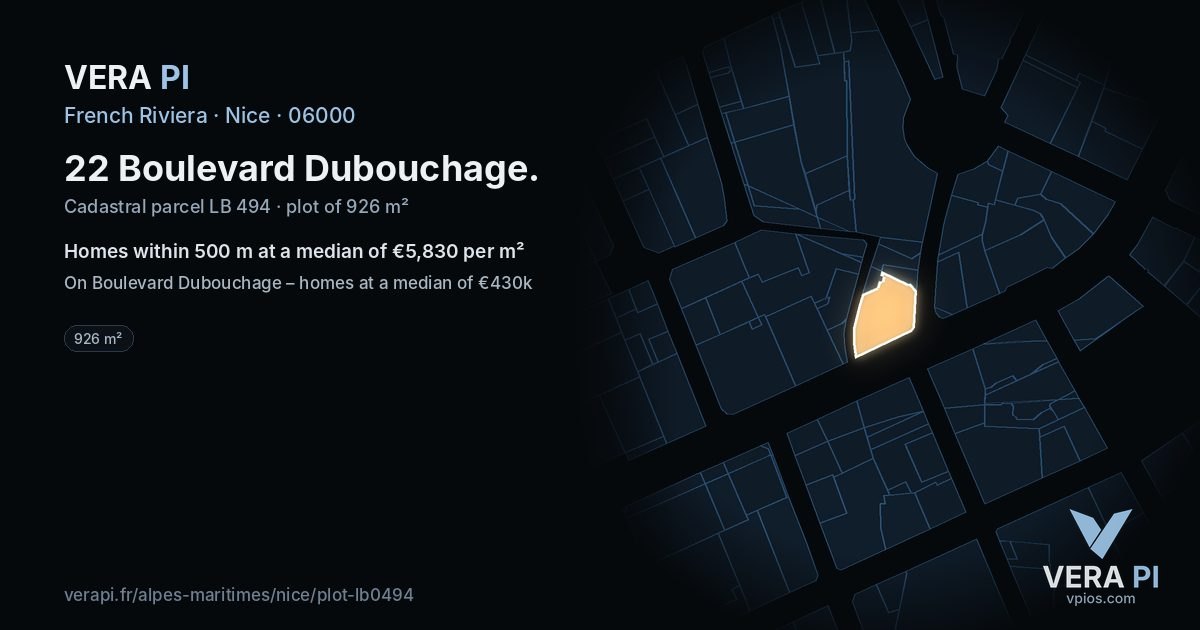 22 Boulevard Dubouchage, Nice at night – the plot lit, the parcels around coloured by the prices near them