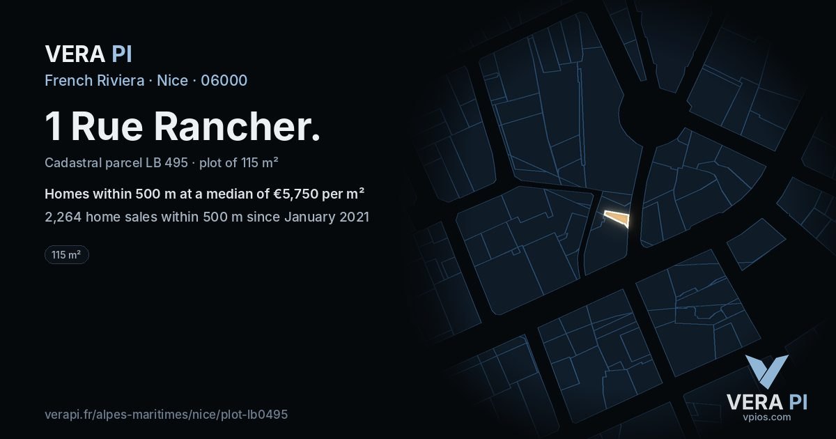 1 Rue Rancher, Nice at night – the plot lit, the parcels around coloured by the prices near them