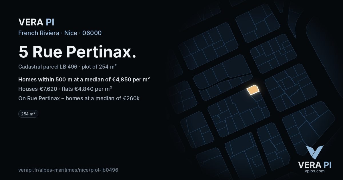 5 Rue Pertinax, Nice at night – the plot lit, the parcels around coloured by the prices near them