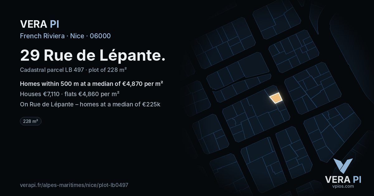 29 Rue de Lépante, Nice at night – the plot lit, the parcels around coloured by the prices near them