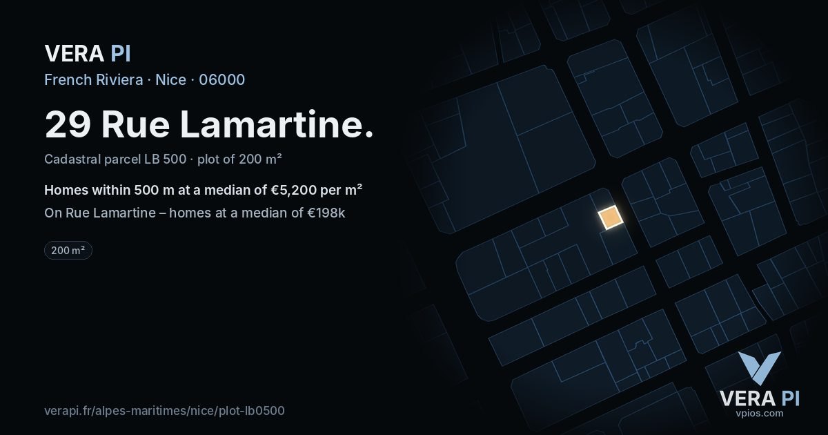 29 Rue Lamartine, Nice at night – the plot lit, the parcels around coloured by the prices near them