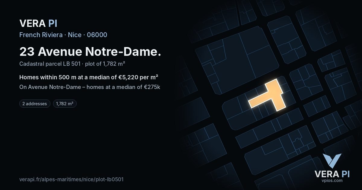 23 Avenue Notre-Dame, Nice at night – the plot lit, the parcels around coloured by the prices near them