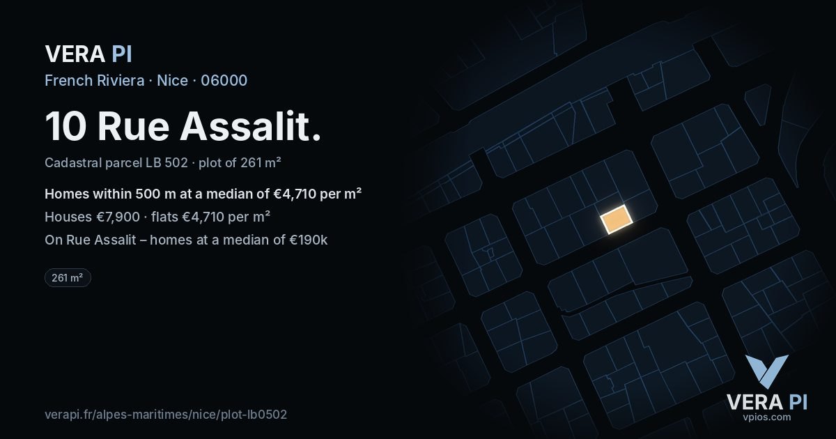 10 Rue Assalit, Nice at night – the plot lit, the parcels around coloured by the prices near them