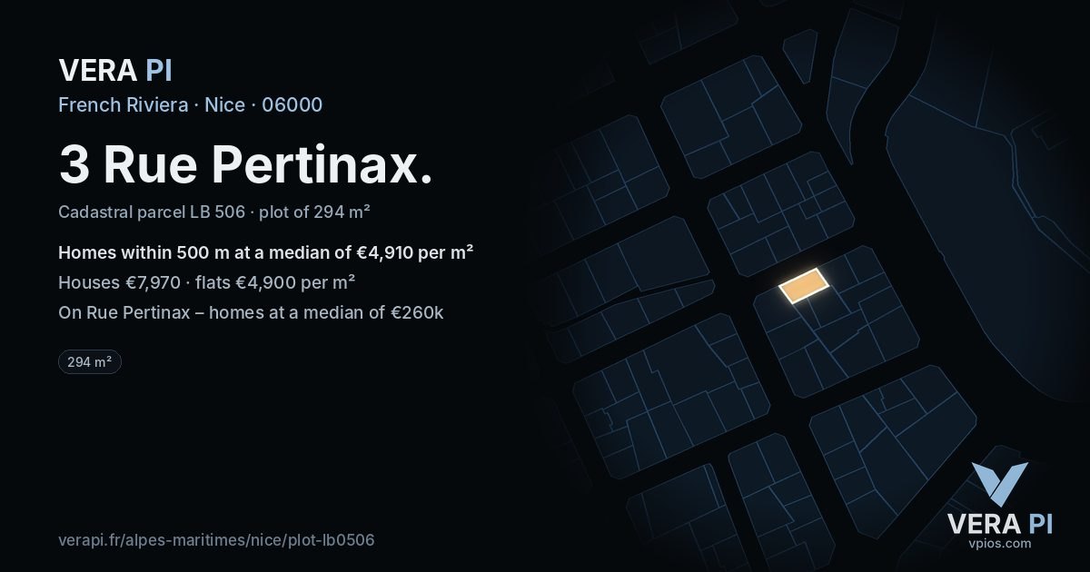 3 Rue Pertinax, Nice at night – the plot lit, the parcels around coloured by the prices near them