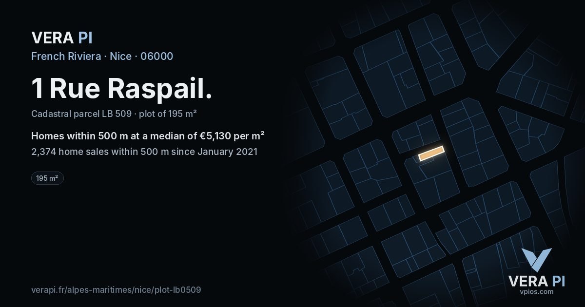 1 Rue Raspail, Nice at night – the plot lit, the parcels around coloured by the prices near them