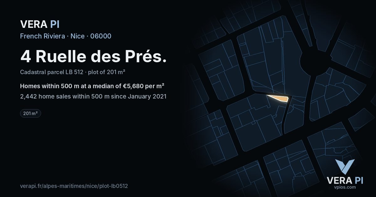 4 Ruelle des Prés, Nice at night – the plot lit, the parcels around coloured by the prices near them