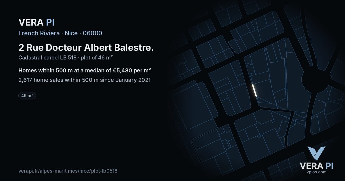 2 Rue Docteur Albert Balestre, Nice at night – the plot lit, the parcels around coloured by the prices near them