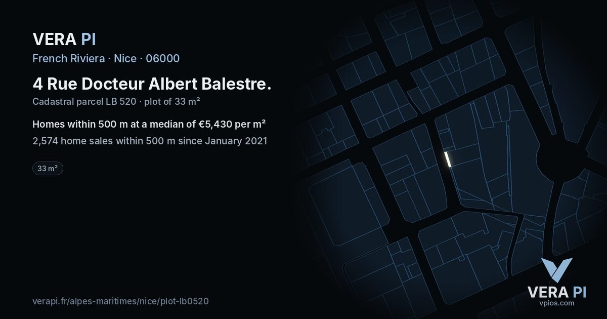 4 Rue Docteur Albert Balestre, Nice at night – the plot lit, the parcels around coloured by the prices near them